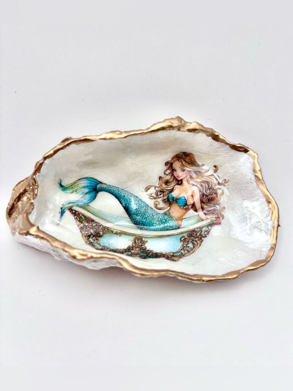 Mermaid Decorative Oyster Shell Dish in Teal and Gold - Home Art Accent